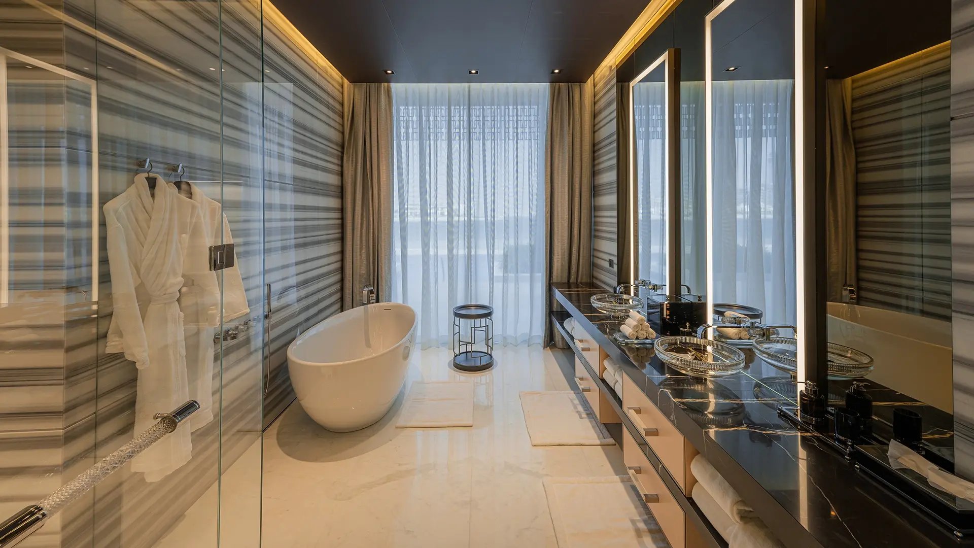 Luxury bathroom interior fit out by havelock one showcasing striato olimpico marble 